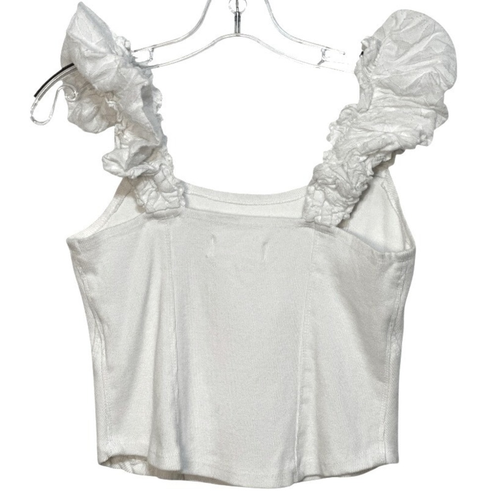 Anthropologie Tank Top White Ribbed Knit Ruffle Strap Crop Y2K CoquetteGirl SZ M - Picture 2 of 5